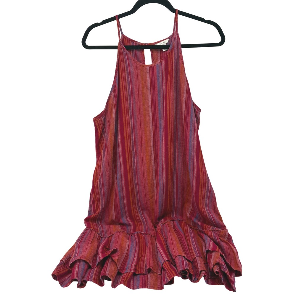 Cato Est. 1946 Women XL Red Multi Color Striped Linen Blend Halter Ruffle Dress